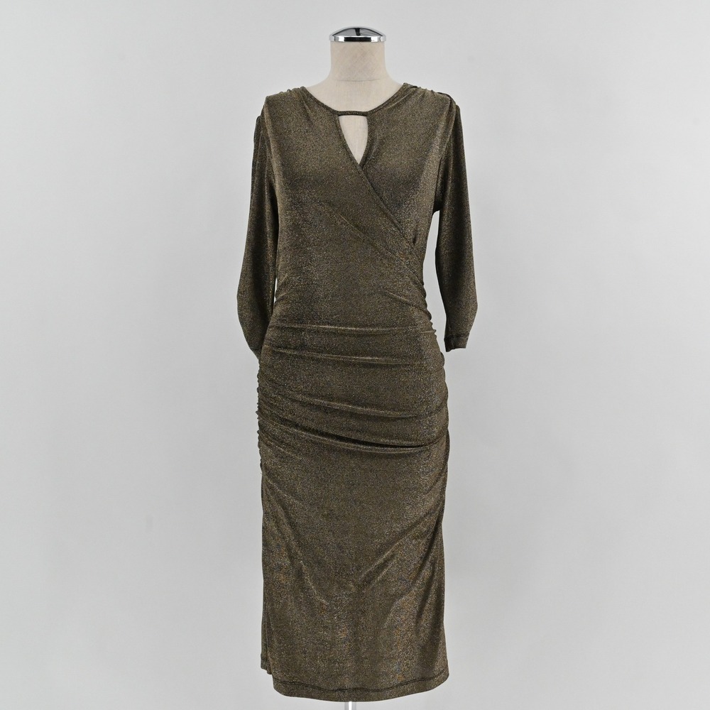 Betabrand Metallic Ruched Sheath Dress Womens Size S Gold Shimmer Keyhole Party